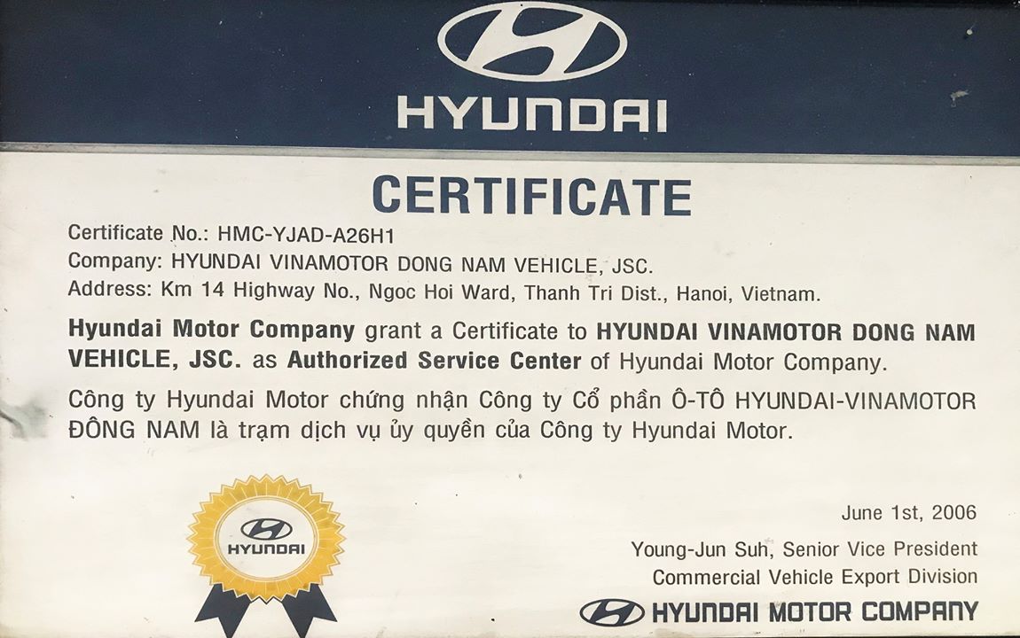 Giấy chứng nhận đại lý ủy quyền của Hyundai Motor Hàn Quốc