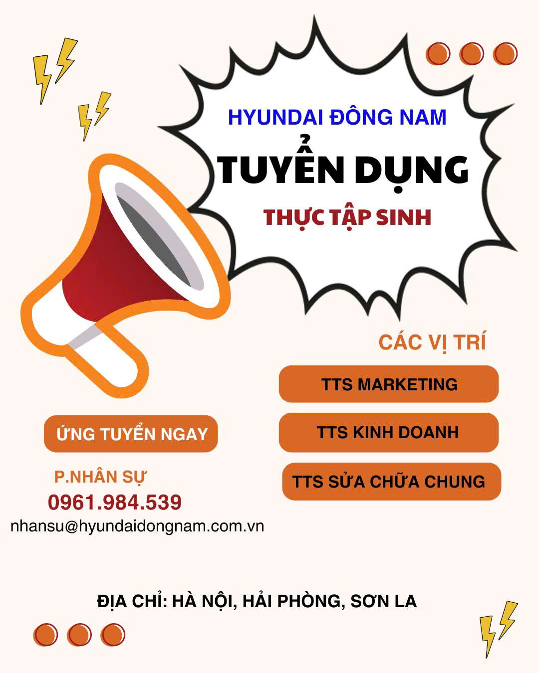 Hyundai Đông Nam tuyển dụng thực tập sinh